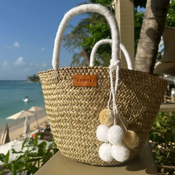 The Bali White Pom Pom Basket<Boutique Bonita Clearance